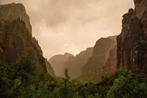 Southwest Usa Prints: View of Zion Canyon on a Drizzling and Cloudy Morning in Zion National Park
