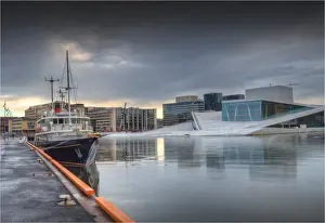 1970 1979 Prints: A waterfront scene in Oslo Harbour during winter, Norway