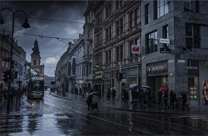 A wet and rainy day in the city streets of Linz, Upper Austria A wet and rainy day in the city streets of Linz, Upper Austria