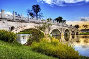 Chinese Culture Prints: The White Rainbow 13-Arch Bridge (Bai Hong Qiao) in Singapore Chinese Garden, Singapore