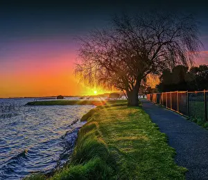 Winter-time and the first light of dawn on the shores of Lake Colac, Western District, Victoria, Australia