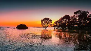 Winter-time and the first light of dawn on the shores of Lake Colac, Western District, Victoria, Australia