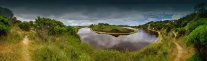 Yellow rock beach and river estuary, eastern coastline of King Island, Bass Strait, Tasmania, Australia
