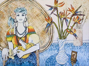 Judi Parkinson Artworks Collection: Young Hippie Woman with Baby Oil Painting